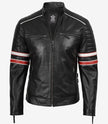Veste motard en cuir d'agneau noir pour homme - Rayures blanches et rouges