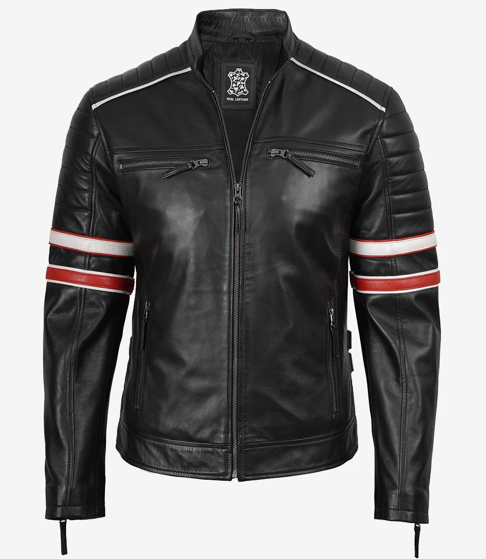 Veste motard en cuir d'agneau noir pour homme - Rayures blanches et rouges