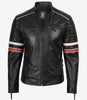 Veste motard en cuir d'agneau noir pour homme - Rayures blanches et rouges