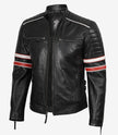 Veste motard en cuir d'agneau noir pour homme - Rayures blanches et rouges