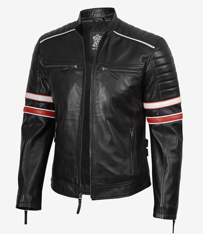 Veste motard en cuir d'agneau noir pour homme - Rayures blanches et rouges