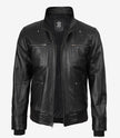 Blouson aviateur en cuir noir pour homme avec capuche amovible