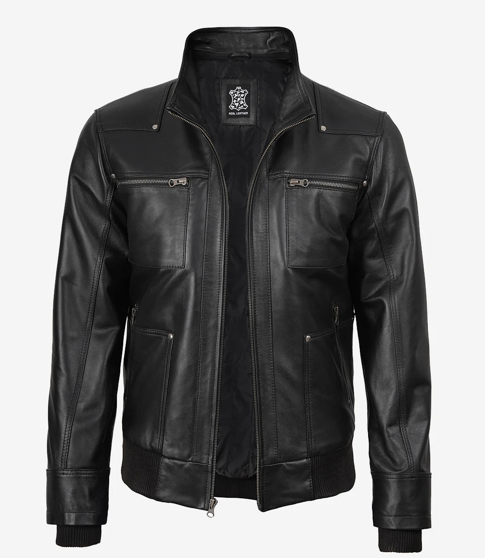 Blouson aviateur en cuir noir pour homme avec capuche amovible