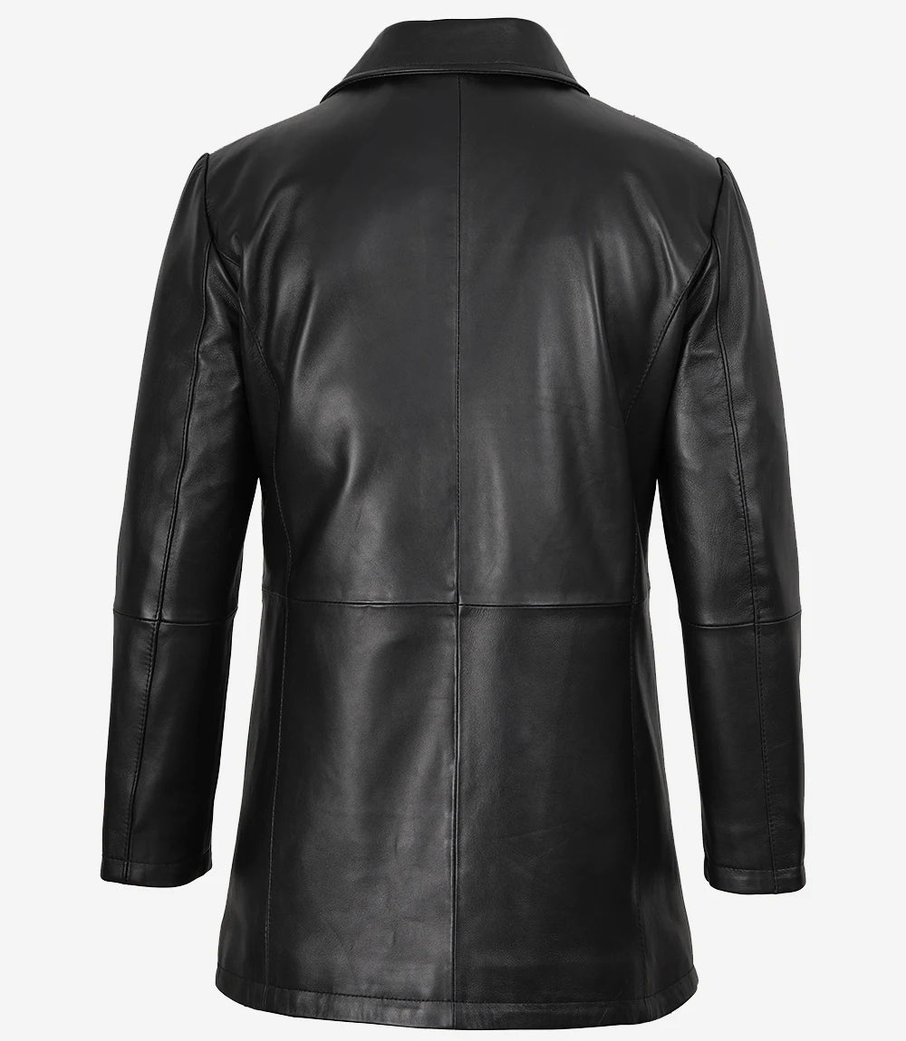 Manteau en cuir noir pour homme avec détails marron