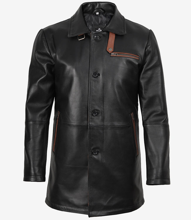 Manteau en cuir noir pour homme avec détails marron