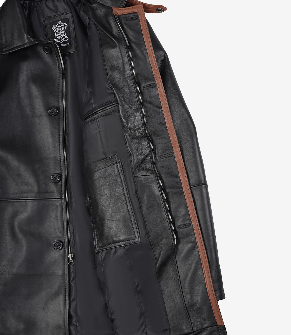 Manteau en cuir noir pour homme avec détails marron