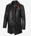 Manteau en cuir noir pour homme avec détails marron