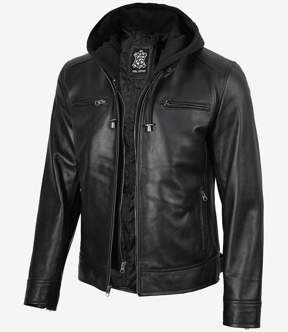 Veste en cuir noir pour homme avec capuche amovible