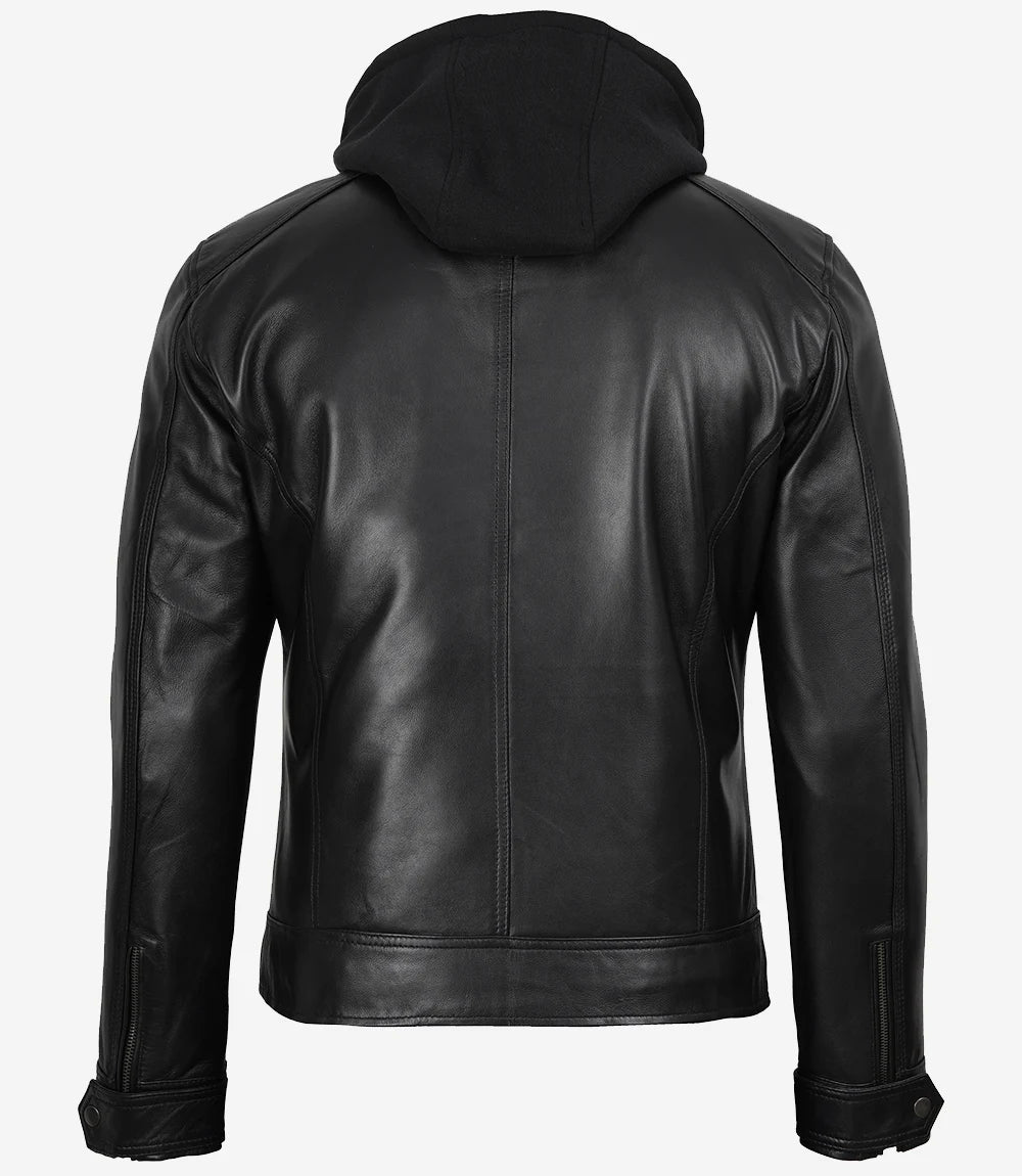 Veste en cuir noir pour homme avec capuche amovible