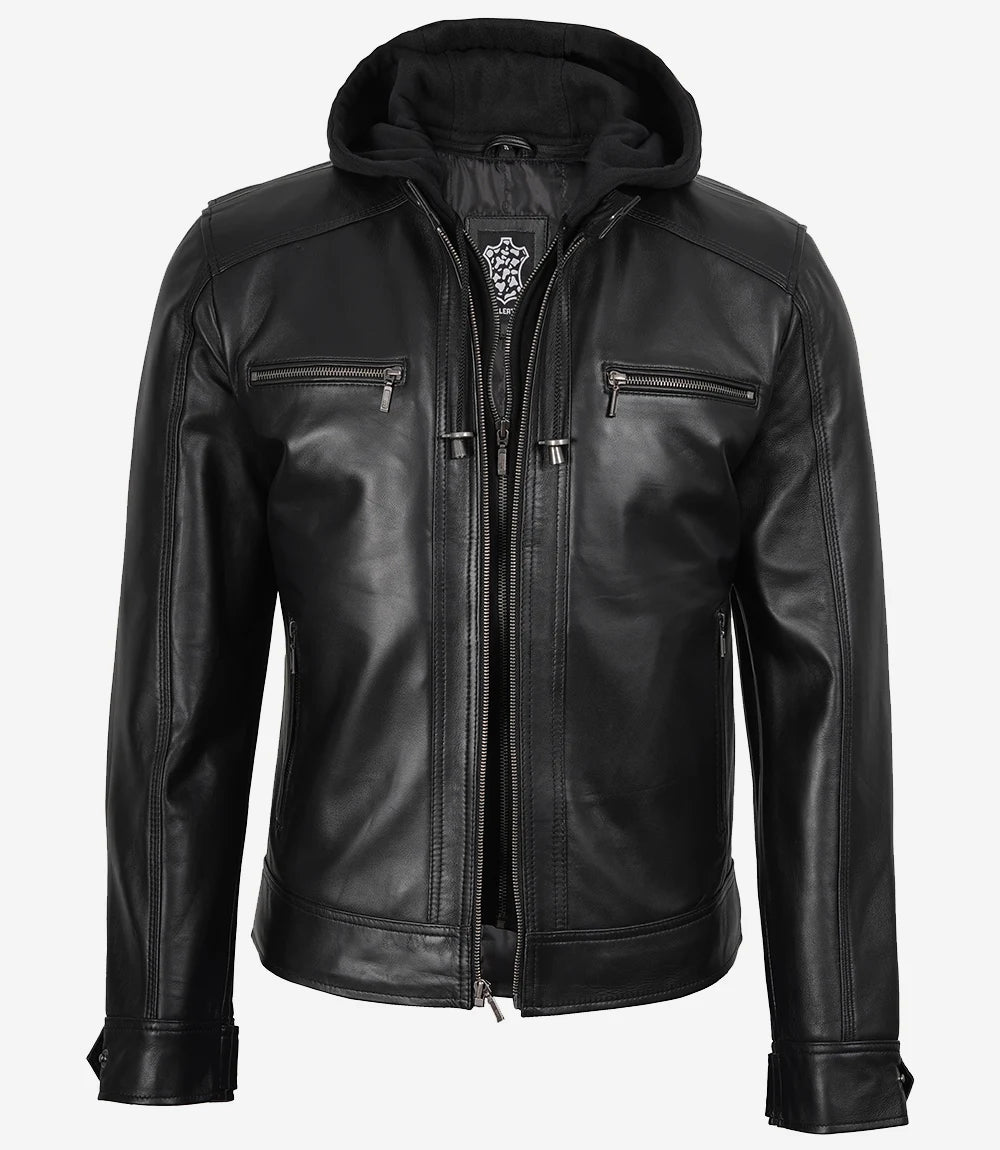 Veste en cuir noir pour homme avec capuche amovible