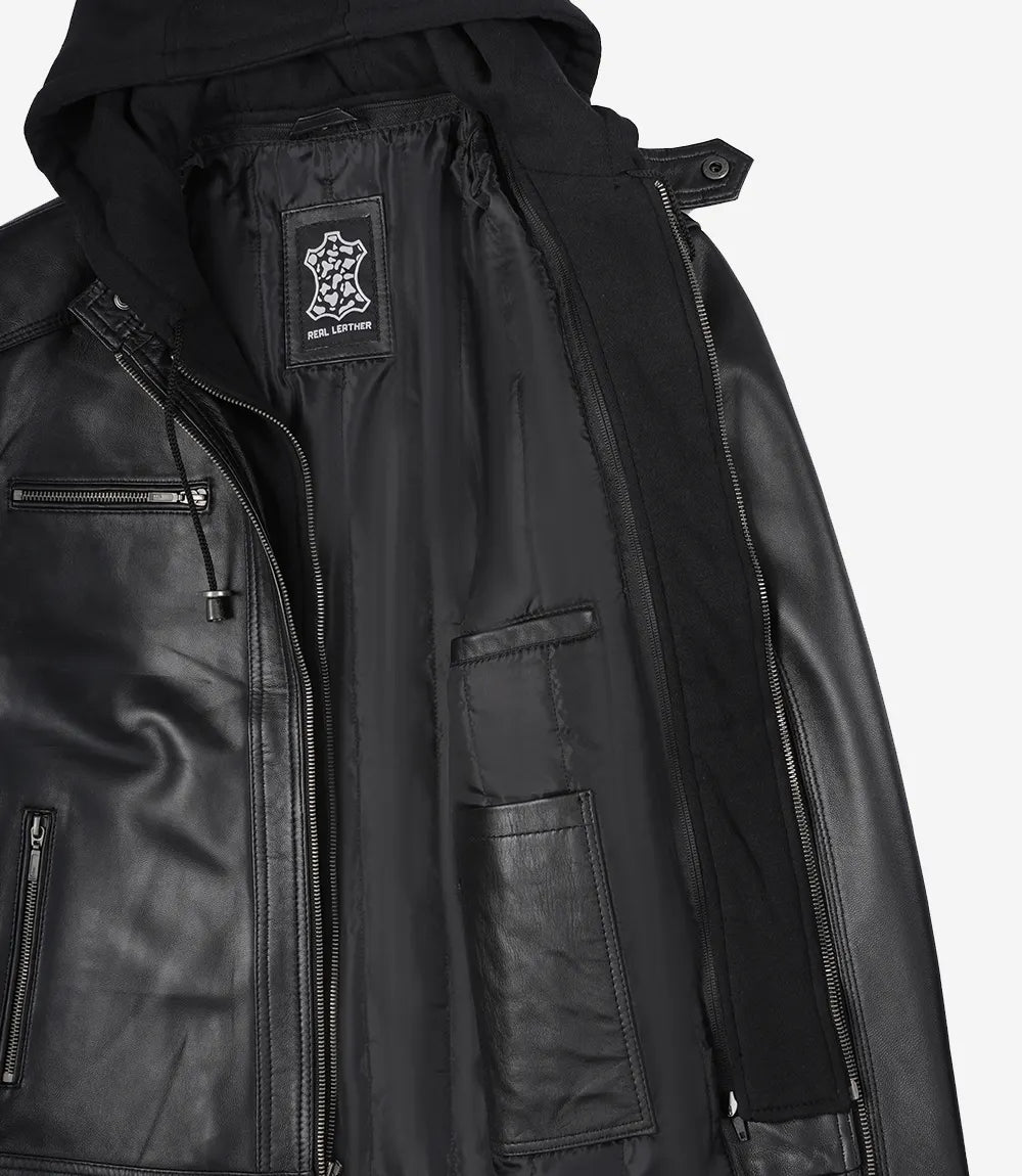 Veste en cuir noir pour homme avec capuche amovible