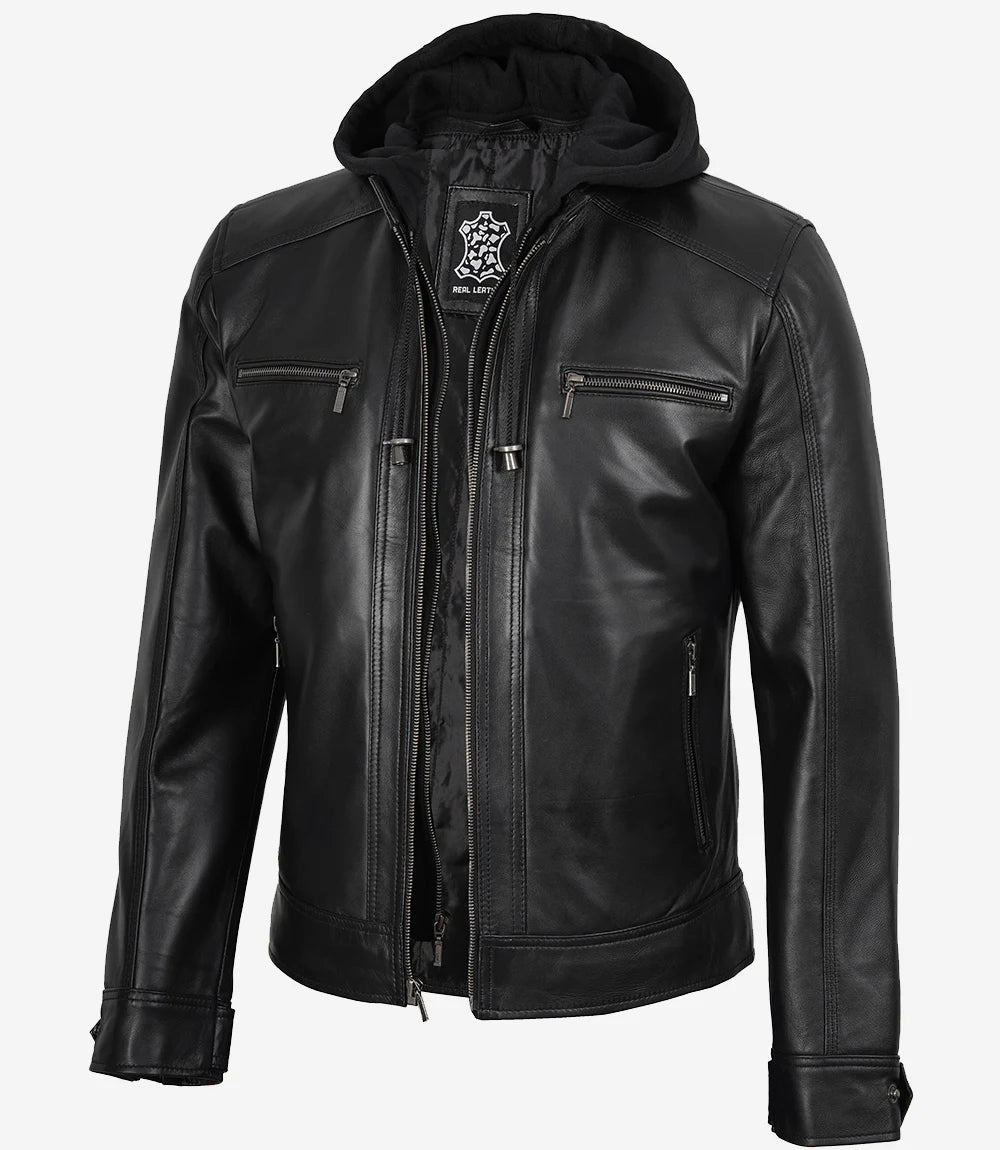 Veste en cuir noir pour homme avec capuche amovible