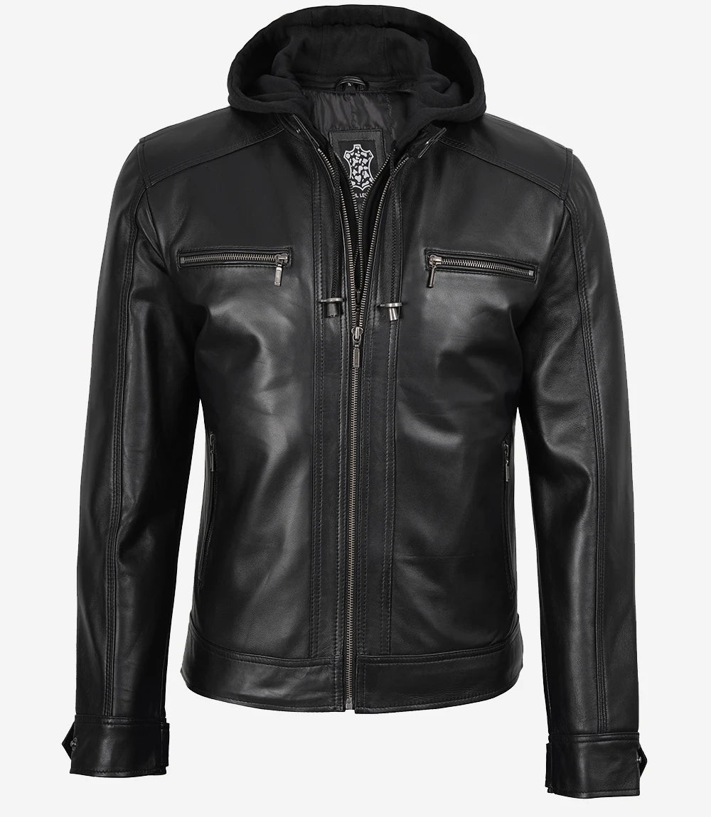 Veste en cuir noir pour homme avec capuche amovible