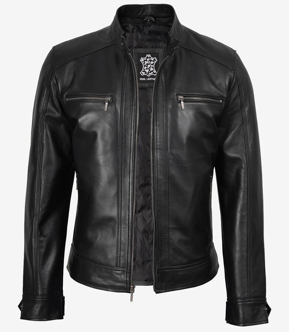 Veste en cuir noir pour homme avec capuche amovible