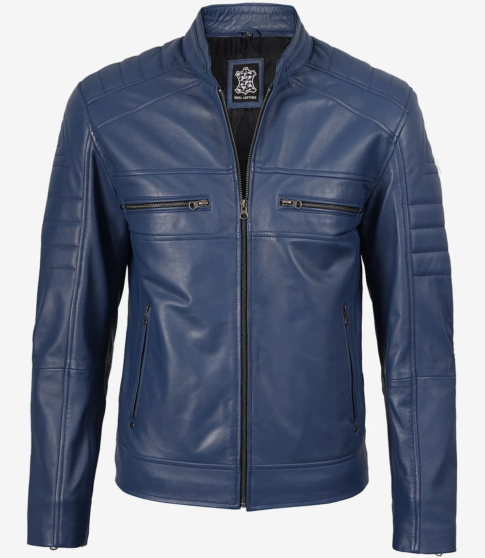 Veste en cuir bleu style motard pour homme