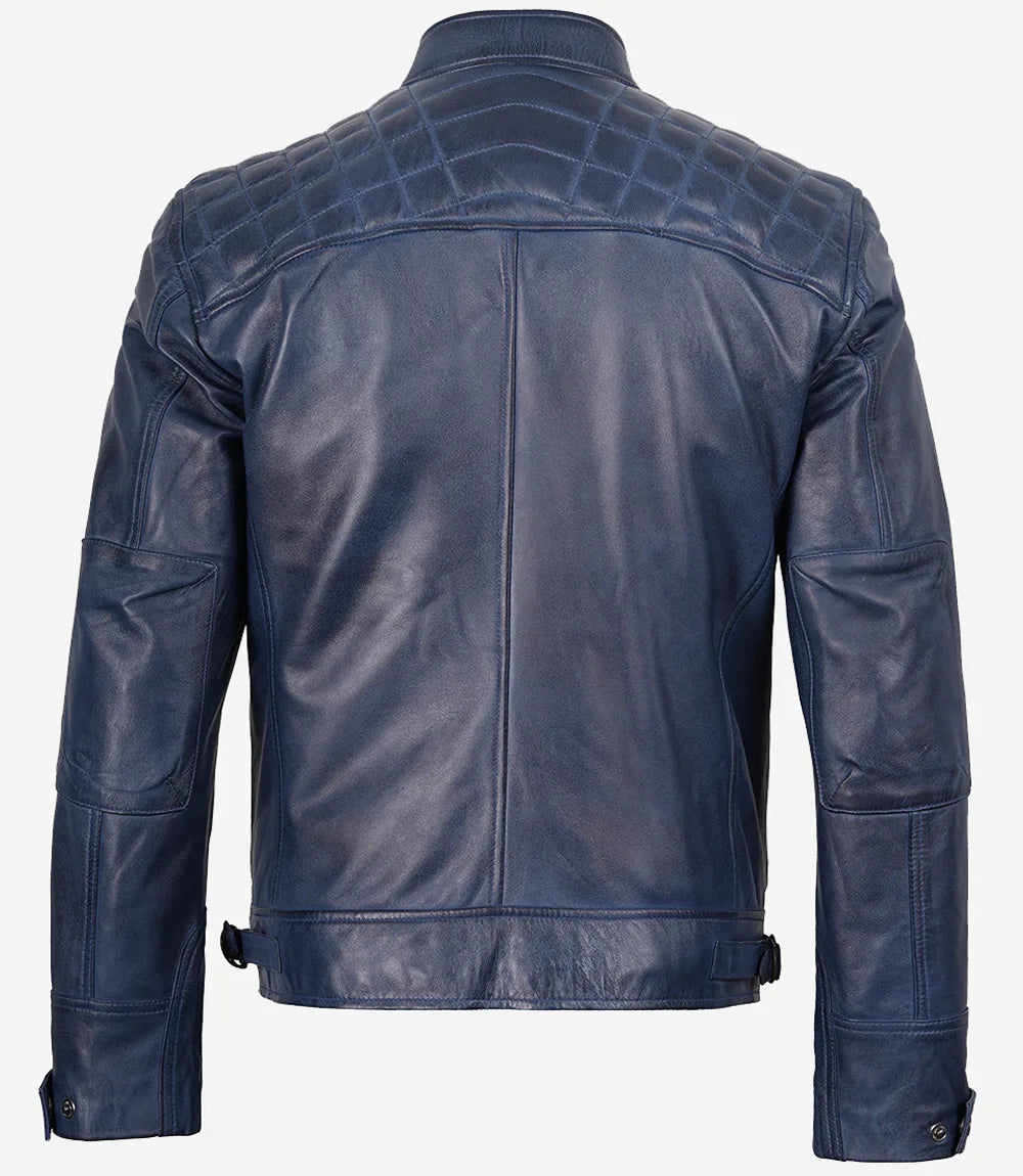 Veste en cuir bleu ciré matelassé style motard pour homme