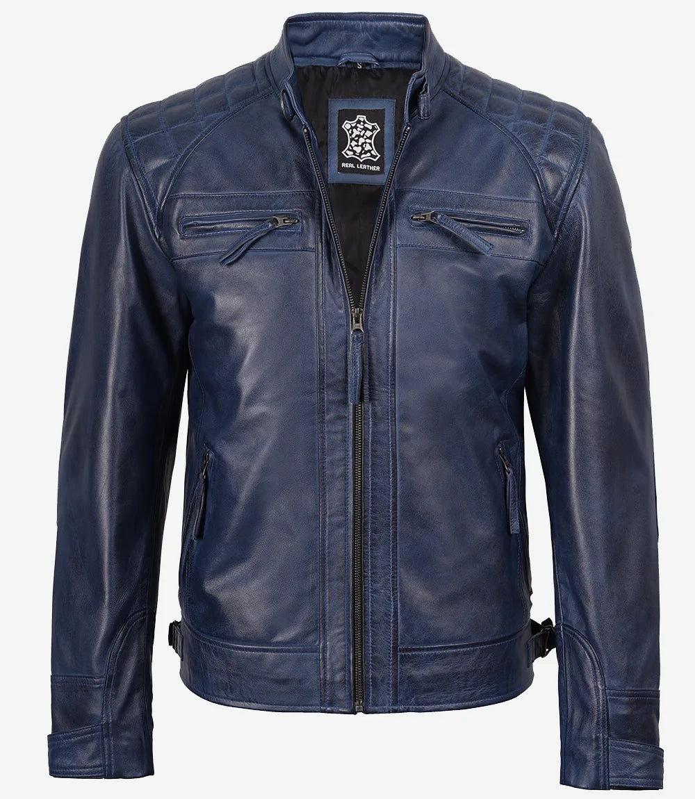 Veste en cuir bleu ciré matelassé style motard pour homme