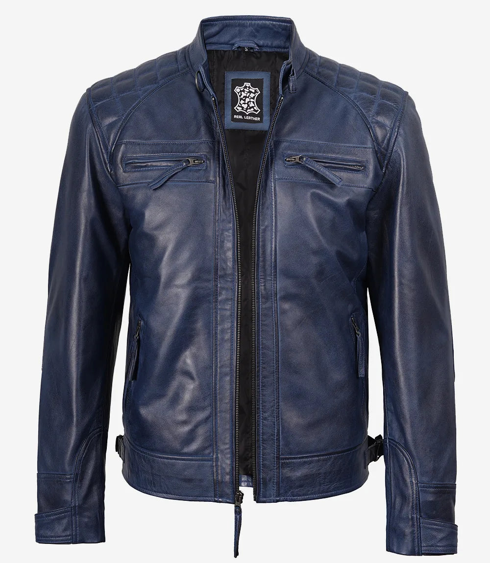 Veste en cuir bleu ciré matelassé style motard pour homme