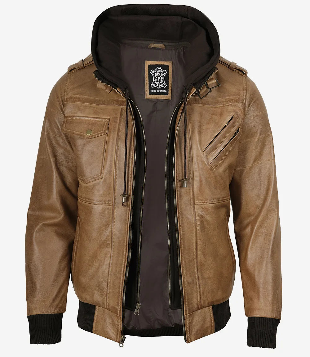 Blouson aviateur en cuir marron camel pour homme (capuche amovible)
