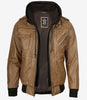 Blouson aviateur en cuir marron camel pour homme (capuche amovible)