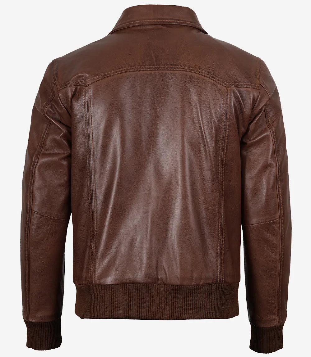 Blouson aviateur en cuir marron à col chemise pour homme