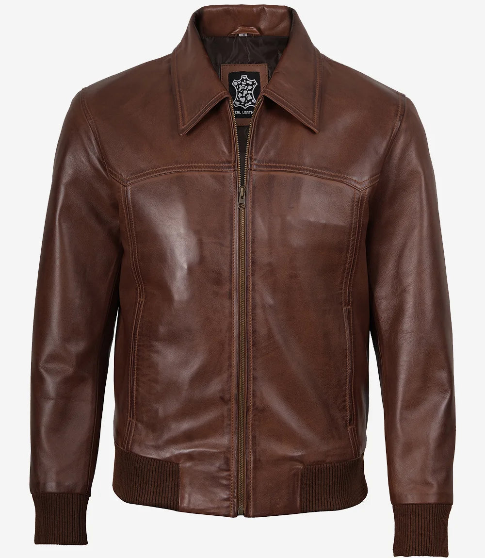 Blouson aviateur en cuir marron à col chemise pour homme