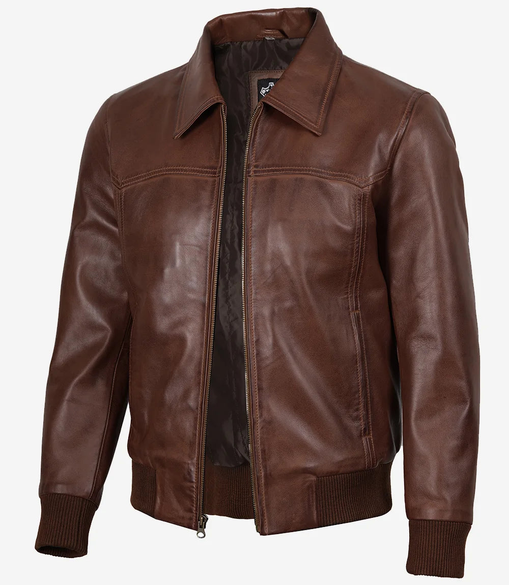 Blouson aviateur en cuir marron à col chemise pour homme