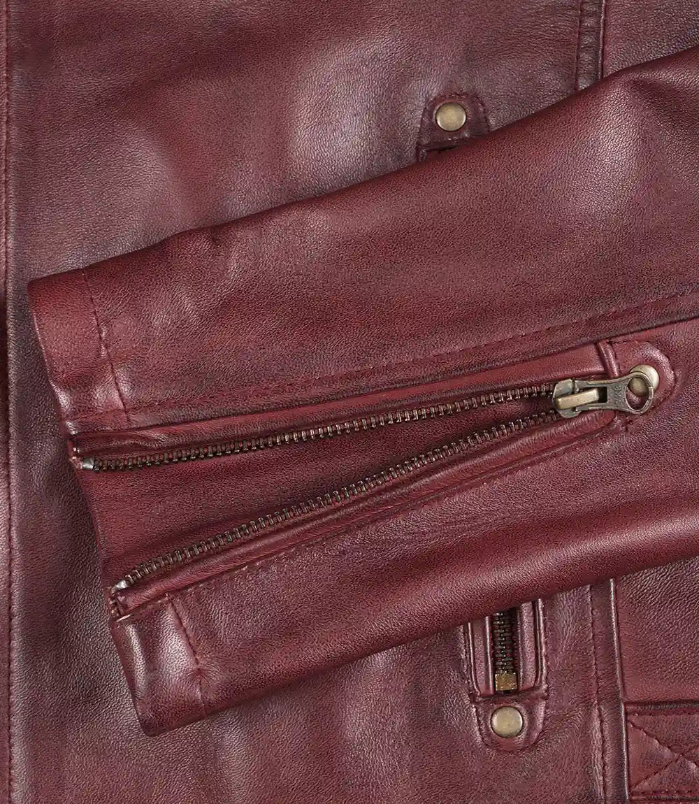 Veste en cuir style motard bordeaux pour homme