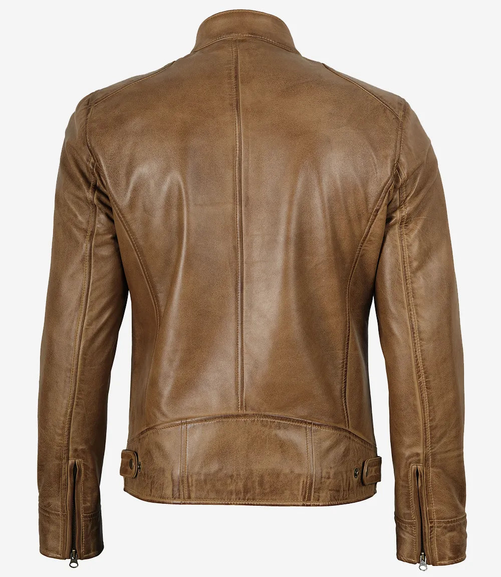 Veste en cuir style motard marron camel pour homme