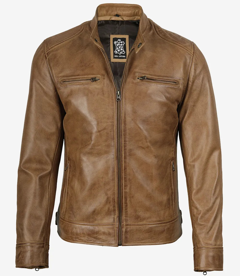 Veste en cuir style motard marron camel pour homme