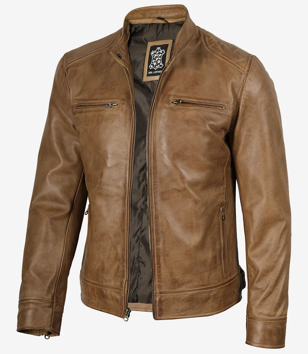 Veste en cuir style motard marron camel pour homme