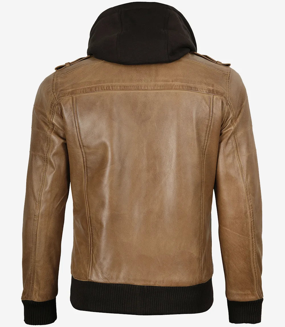 Blouson aviateur en cuir marron camel pour homme (capuche amovible)