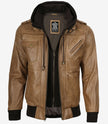 Blouson aviateur en cuir marron camel pour homme (capuche amovible)