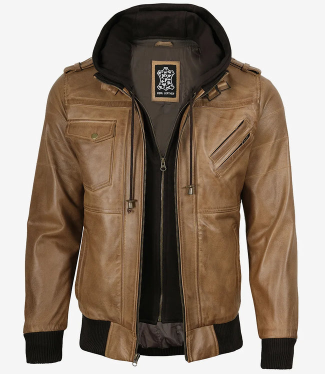 Blouson aviateur en cuir marron camel pour homme (capuche amovible)