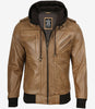 Blouson aviateur en cuir marron camel pour homme (capuche amovible)