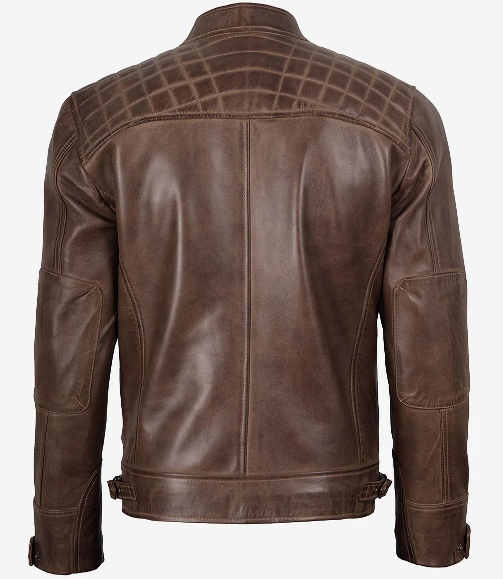 Veste en cuir marron chocolat style motard pour homme - Épaules matelassées