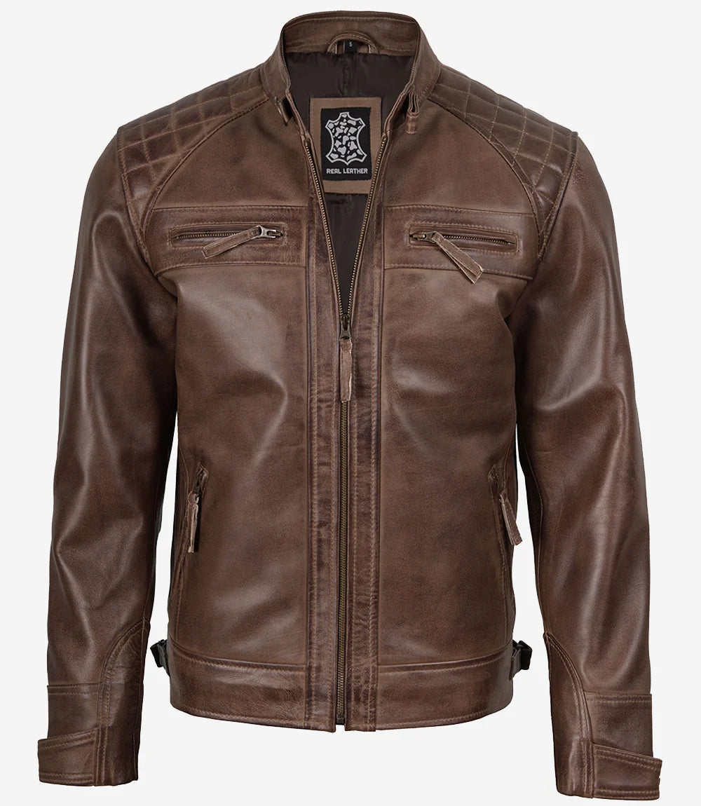 Veste en cuir marron chocolat style motard pour homme - Épaules matelassées