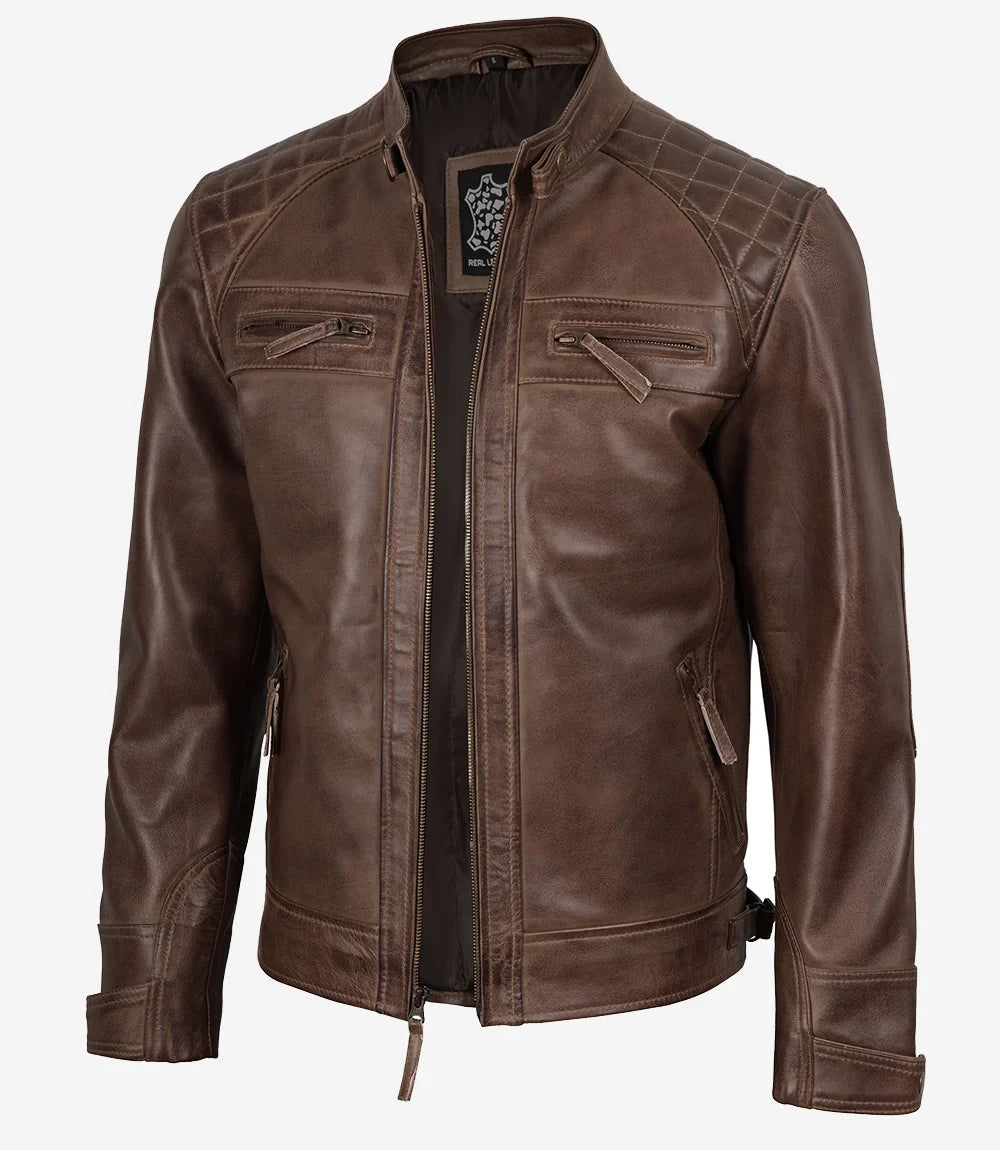 Veste en cuir marron chocolat style motard pour homme - Épaules matelassées