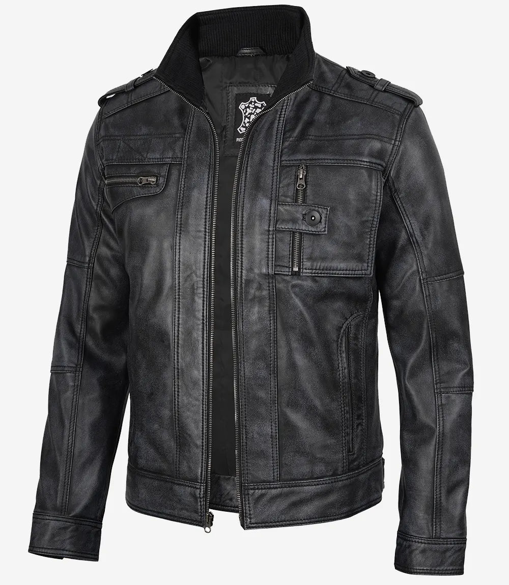 Veste de motard classique en cuir noir pour homme