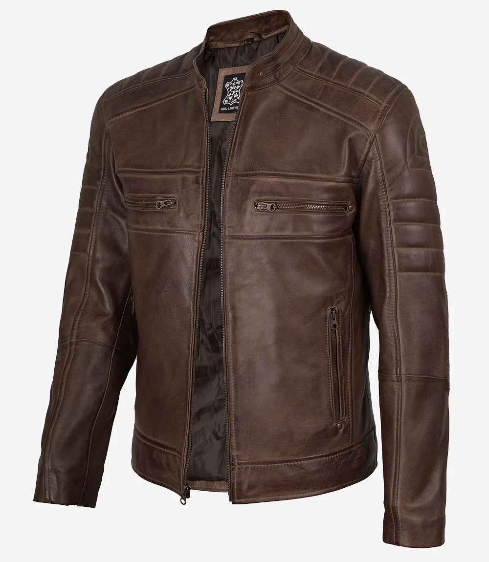 Veste en cuir vieilli marron café pour homme - Style motard