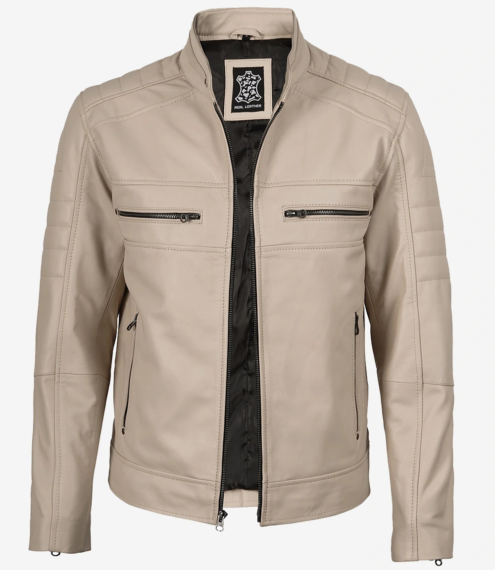 Veste en cuir beige style motard à col mandarin pour homme