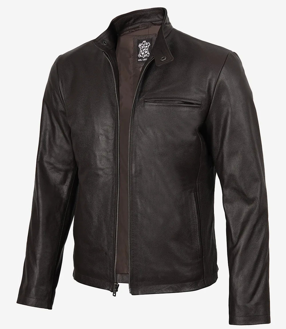 Veste style motard en cuir de vachette marron foncé de qualité supérieure pour homme
