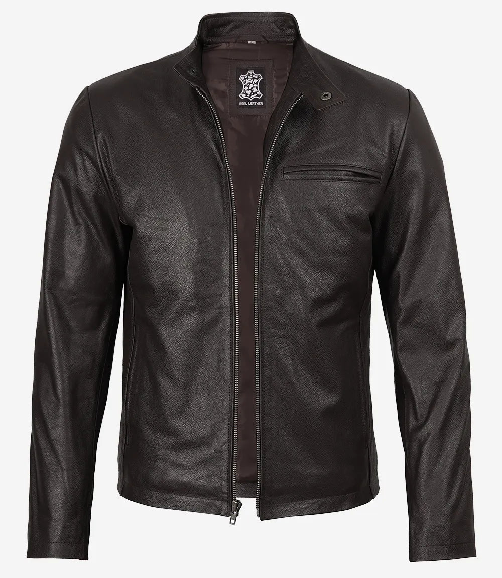 Veste style motard en cuir de vachette marron foncé de qualité supérieure pour homme
