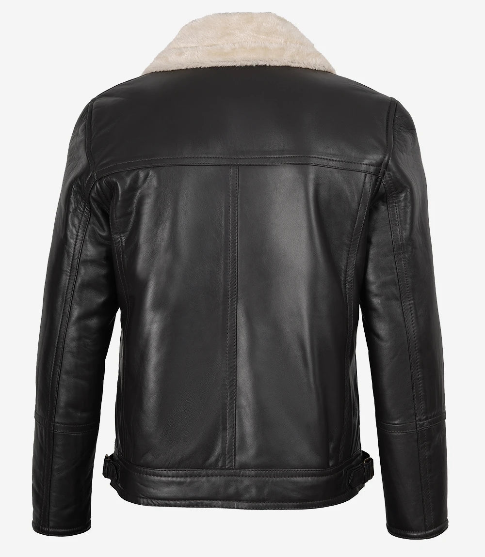 Veste en cuir style motard en peau lainée marron foncé pour homme