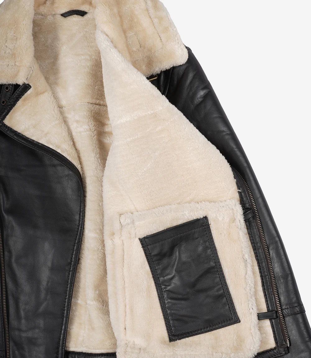 Veste en cuir style motard en peau lainée marron foncé pour homme