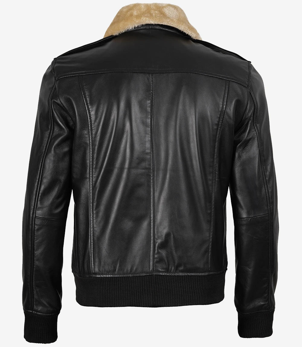 Blouson aviateur en cuir noir avec col en fourrure pour homme