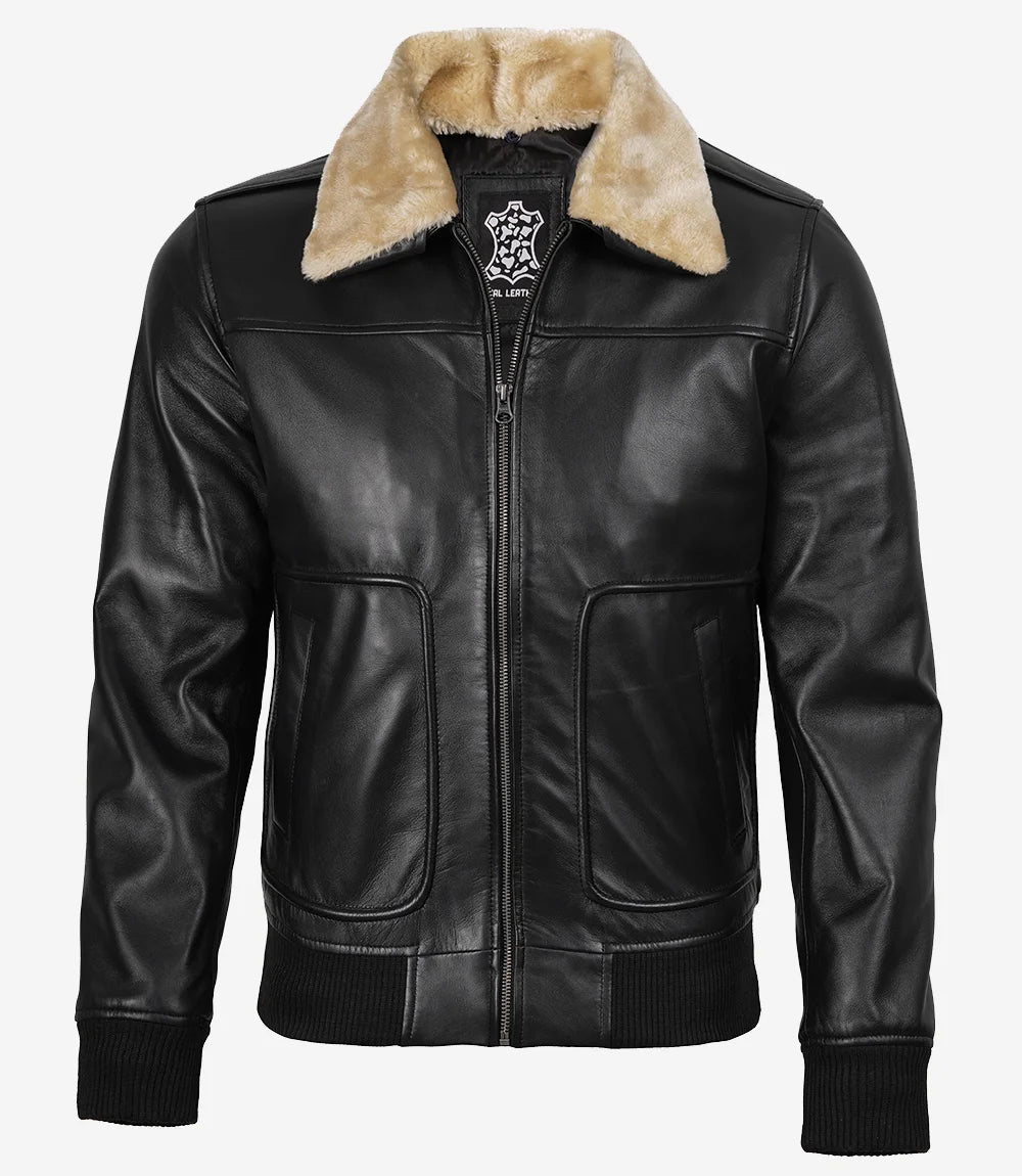 Blouson aviateur en cuir noir avec col en fourrure pour homme