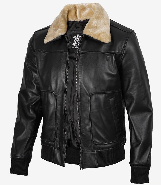 Blouson aviateur en cuir noir avec col en fourrure pour homme