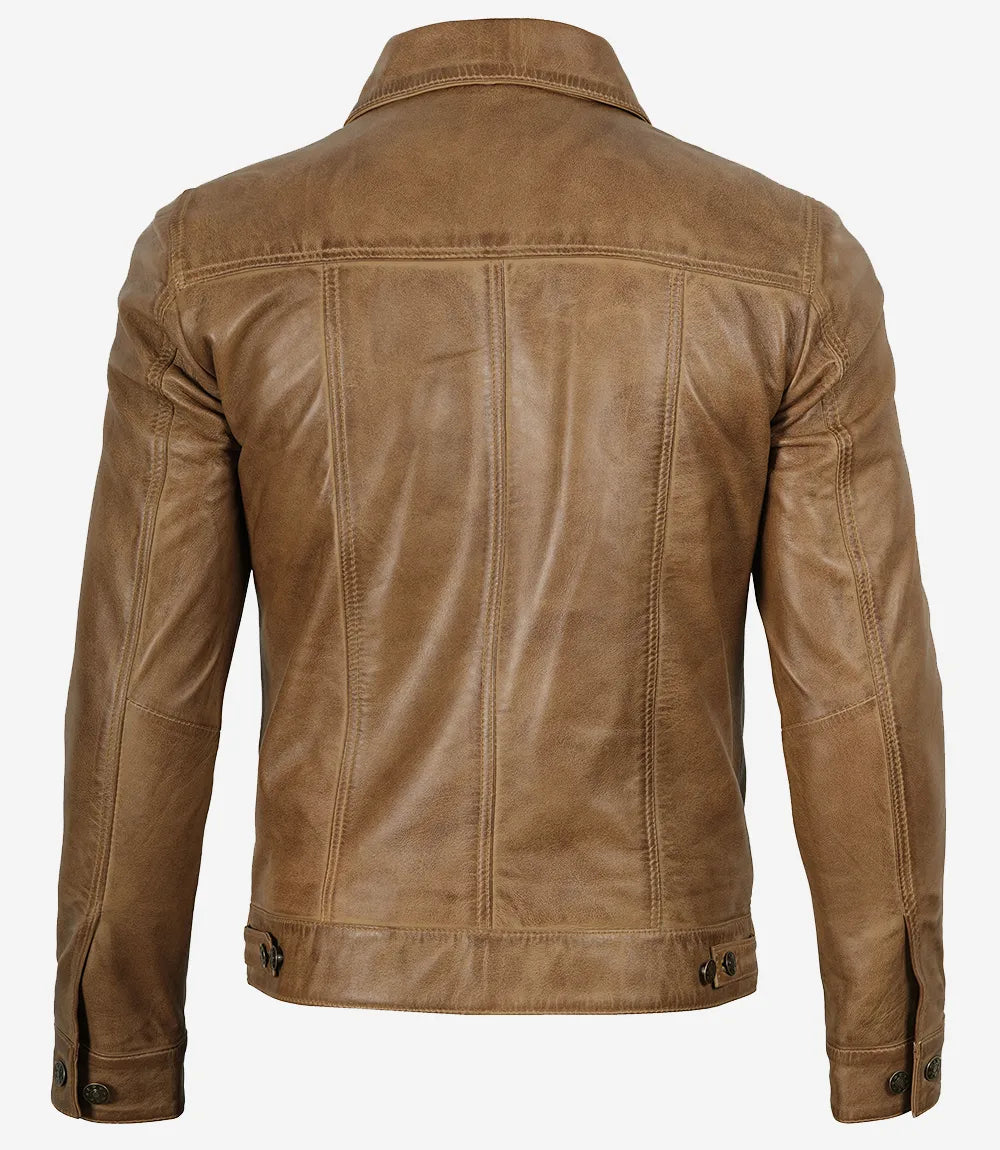Veste de camionneur en cuir véritable marron camel pour homme