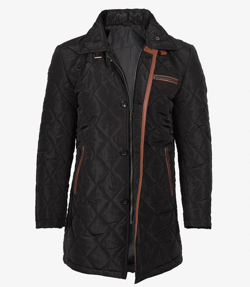 Manteau 3/4 matelassé en polyester noir pour homme avec détails marron